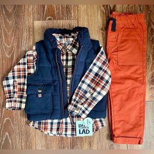 Little Lad 3 Piece Flannel, Twill Pant & Quilted Vest Set Size 2T